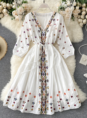 A Line V Neck Embroidery Long Sleeve Dress