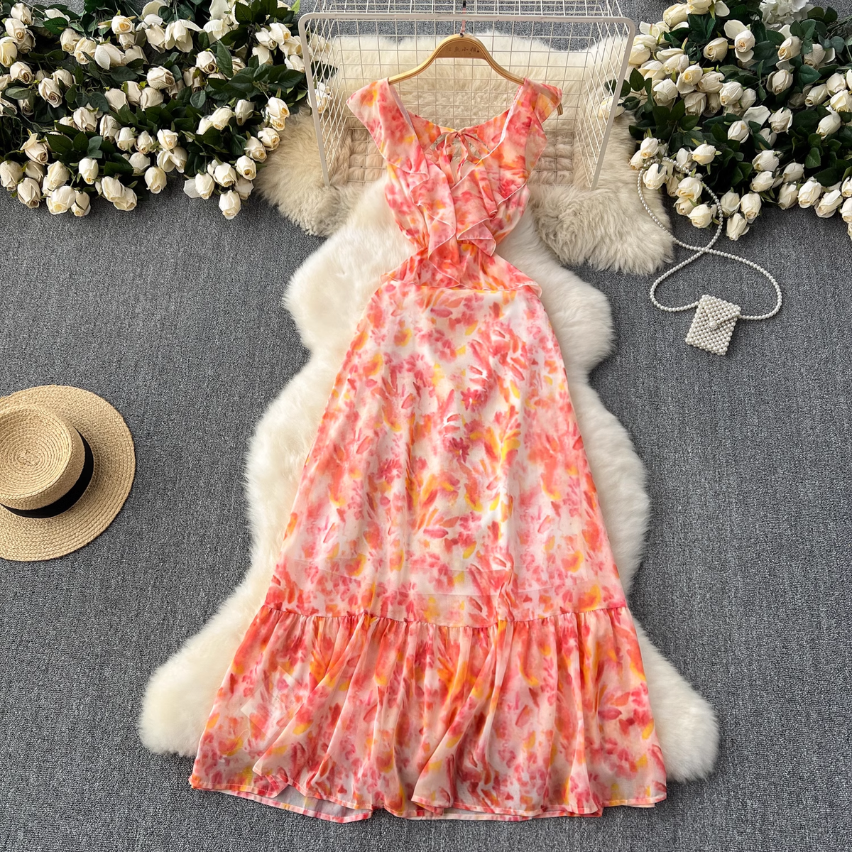 Sexy hollow backless floral chiffon vacation dress