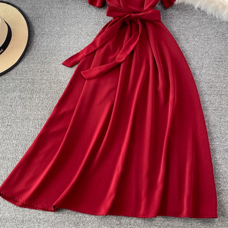 chic retro solid color ruffled mid-length square neck dress ,