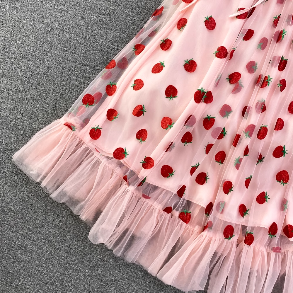 Strawberry V Neck Tulle Summer Dress ,