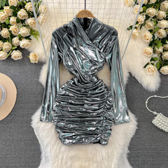 Stylish long-sleeved stand-up collar pleated short glossy metallic dress