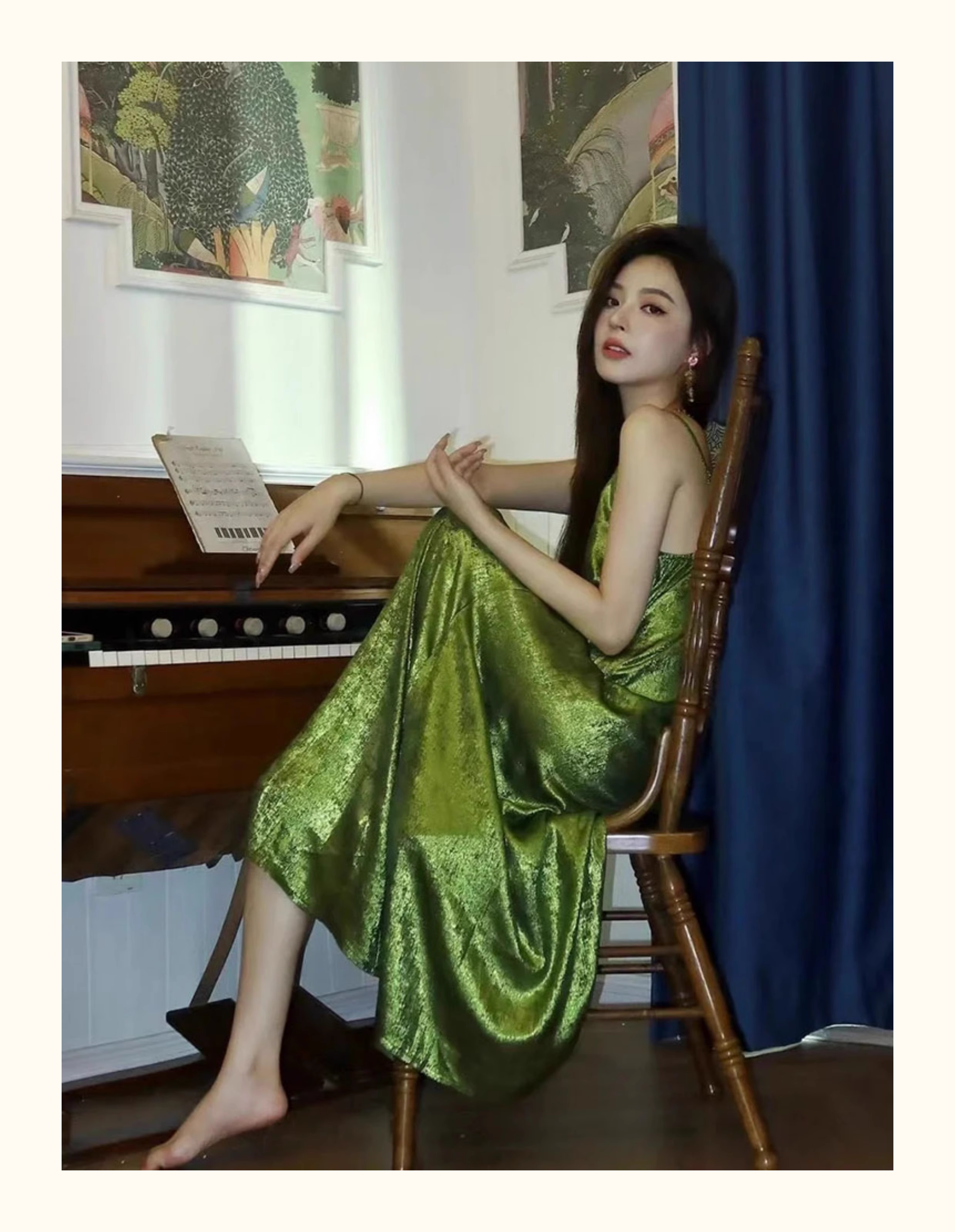 Green V-neck suspender dress