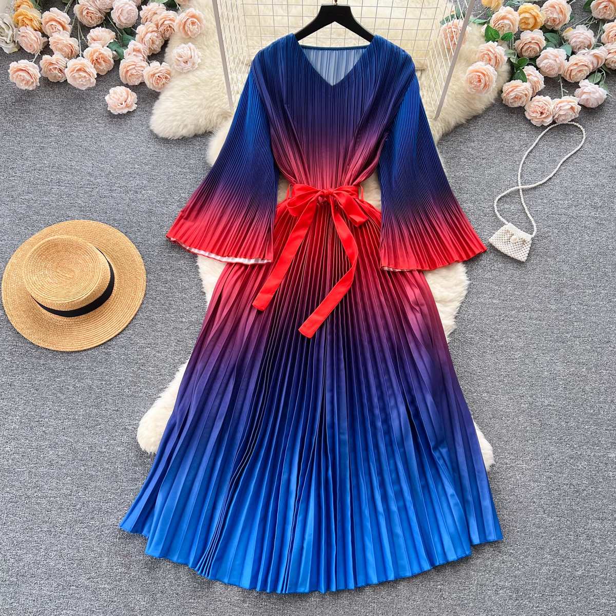 women's gradient color round neck long sleeve dress