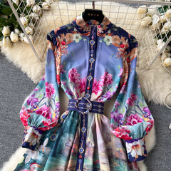 Retro French mid-length lantern long-sleeve printed dress