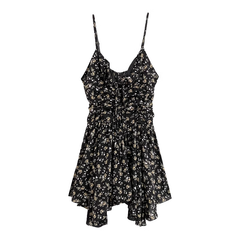 Black Floral Irregular V-Neck Pleated Sling Dress