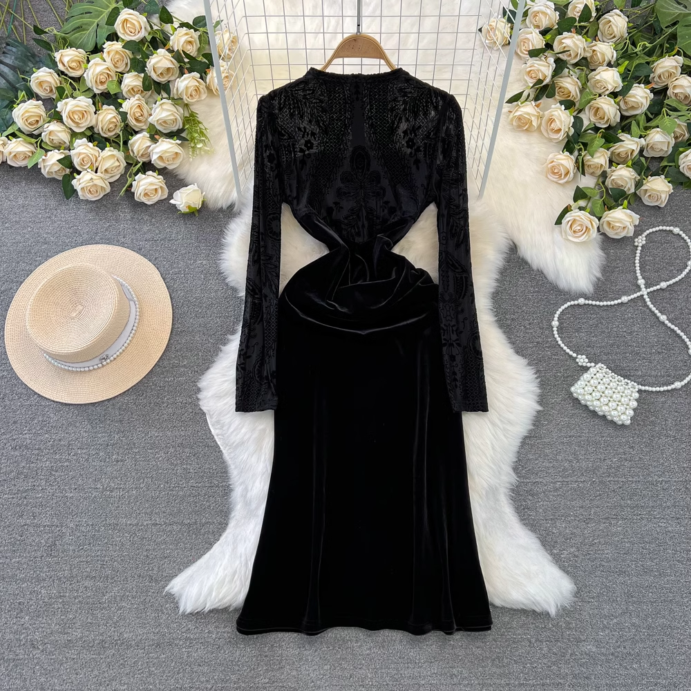 Black mid-length a-line velvet dress