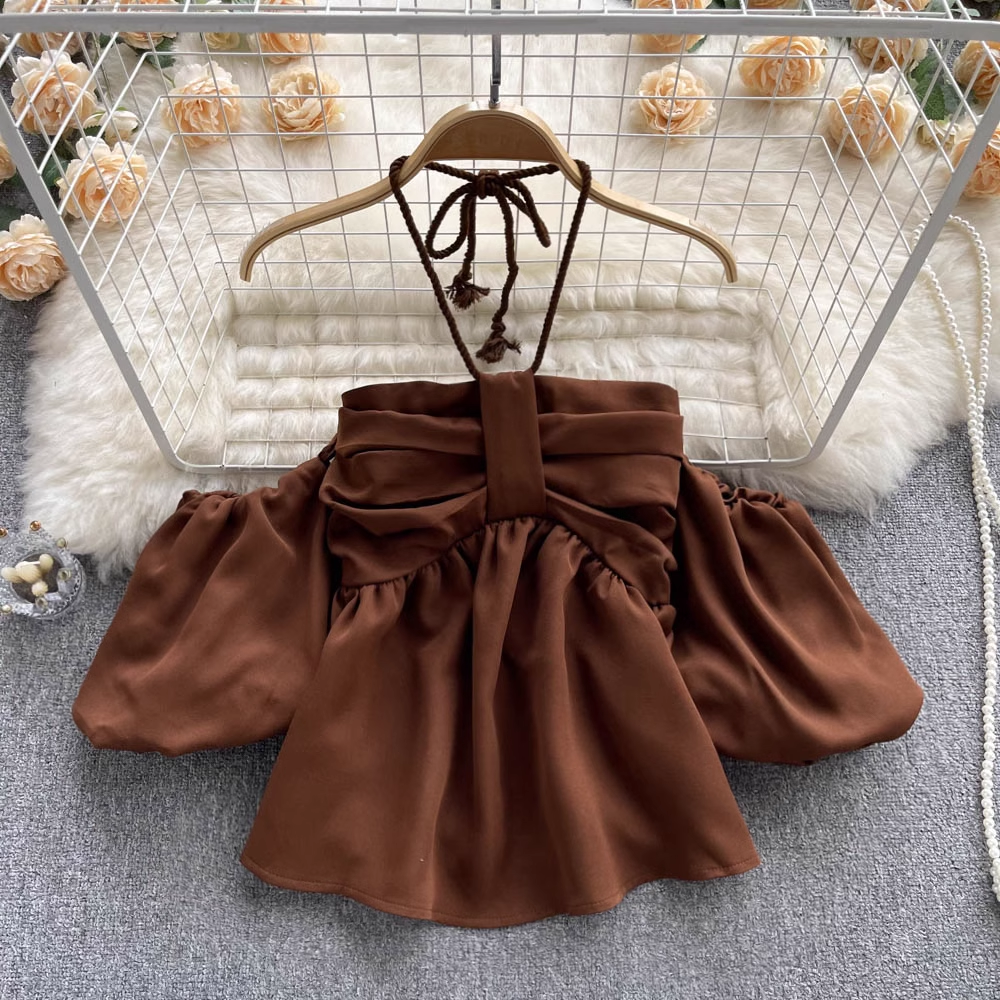 Halter Neck Bubble Short Sleeve Top,