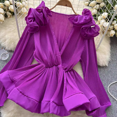 Three-dimensional flower ruffled pleated V-neck pullover blouses for women,