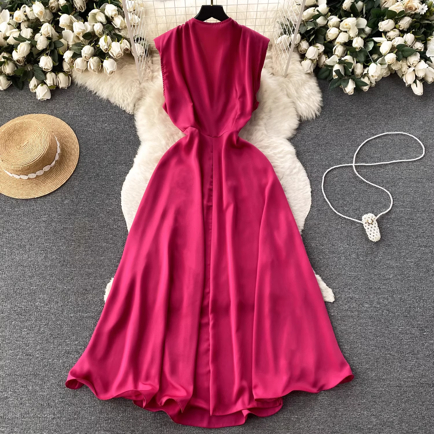 V-neck pleated waist hollow dress women summer dress ,