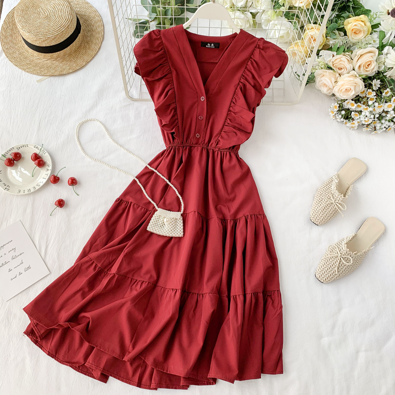 Vintage V-neck ruffled sleeveless Summer Dress,