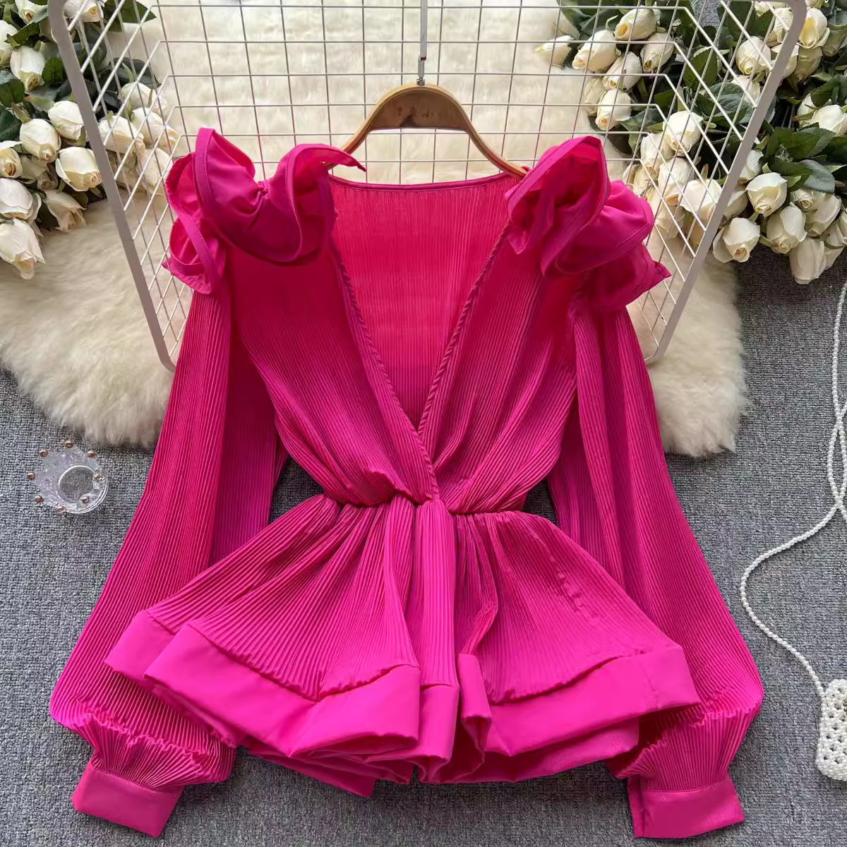 Three-dimensional flower ruffled pleated V-neck pullover blouses for women,