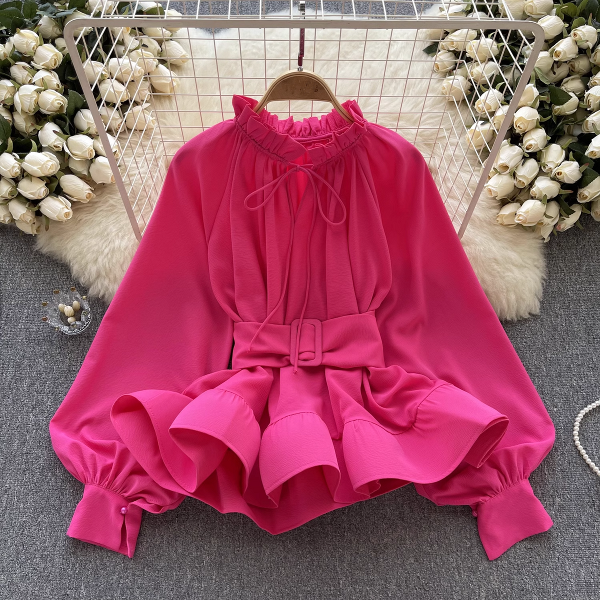 Retro court style waist tie with ruffle leaf edge blouses female niche chic long sleeves