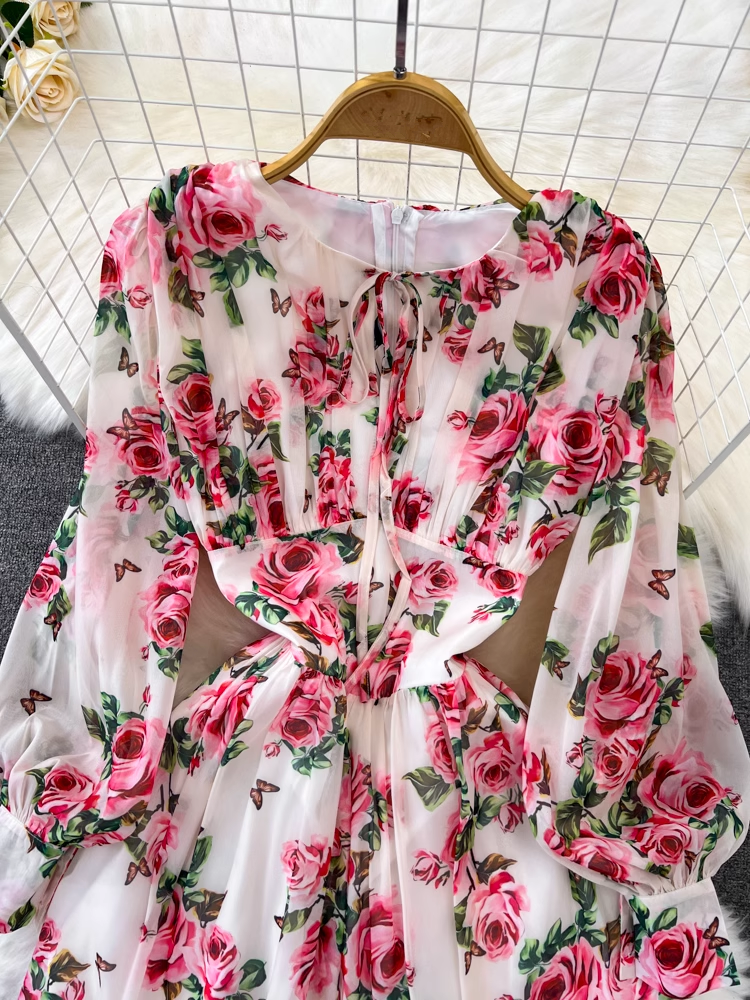 Long-sleeve round neck A-line rose print chiffon maxi dress