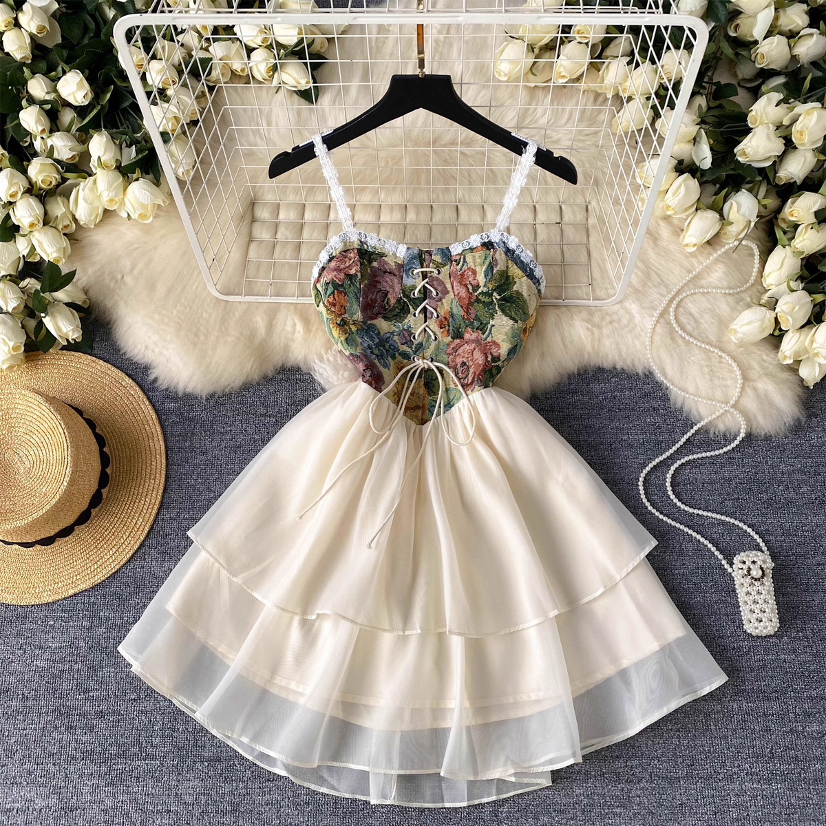 French retro style suspender dress for women summer rose embroidered straps