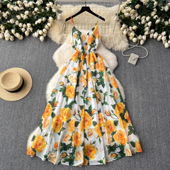 Summer new style French retro elegant printed suspender long dress