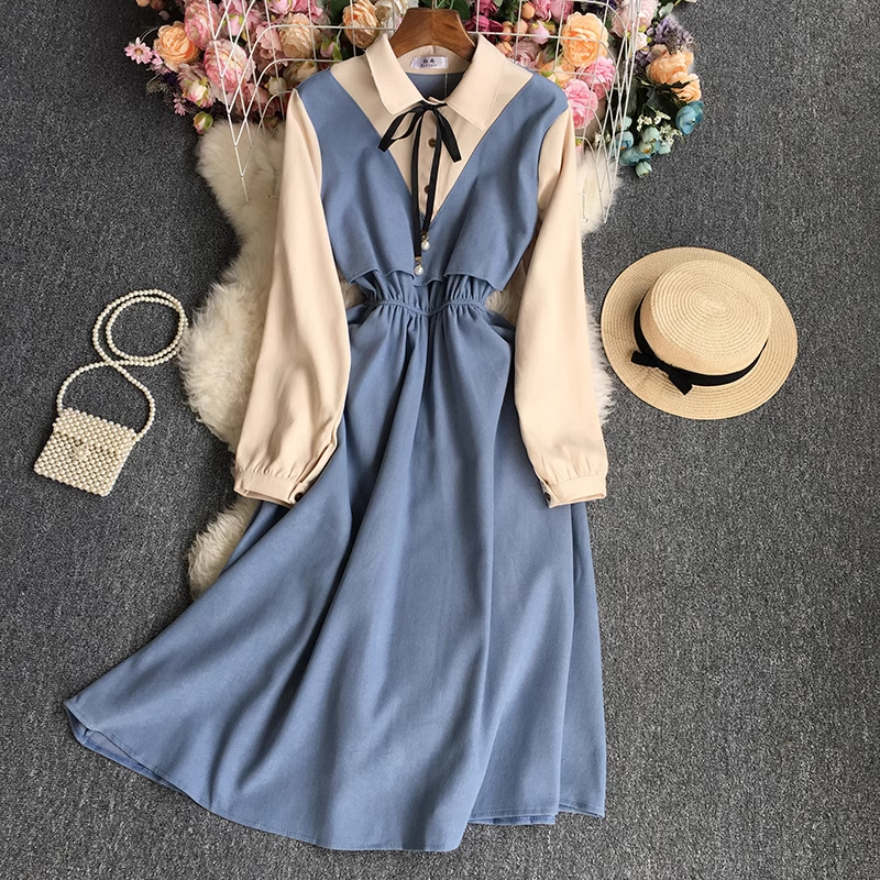 Fake two piece color block long sleeve dress