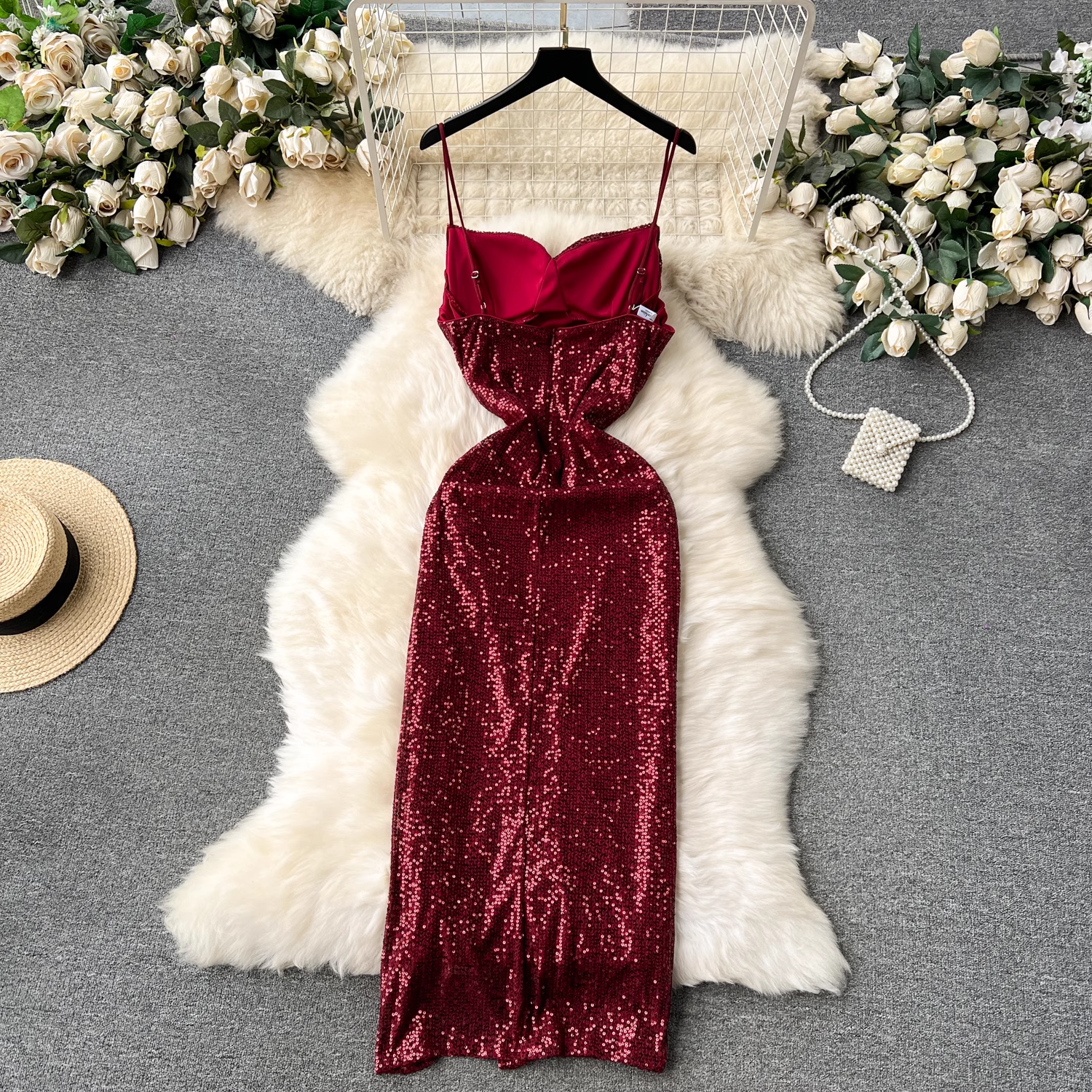 Burgundy Sequins Dress With Split