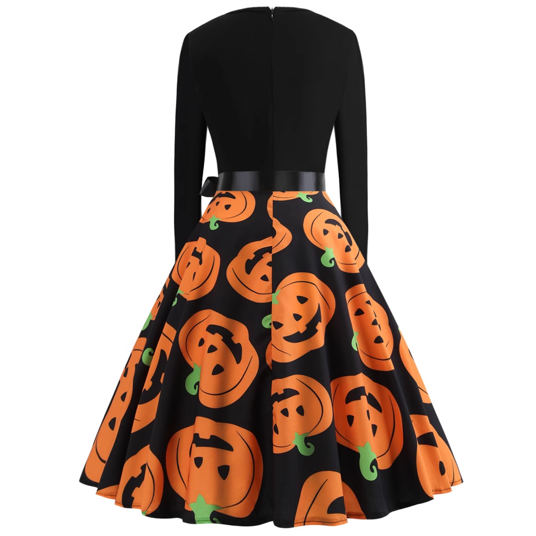 Halloween costume retro women's long-sleeved contrast black and pumpkin print dress