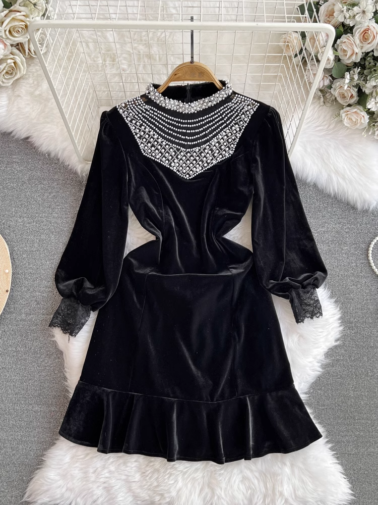 Long-sleeve stand-collar beaded panel ruffled velvet dress