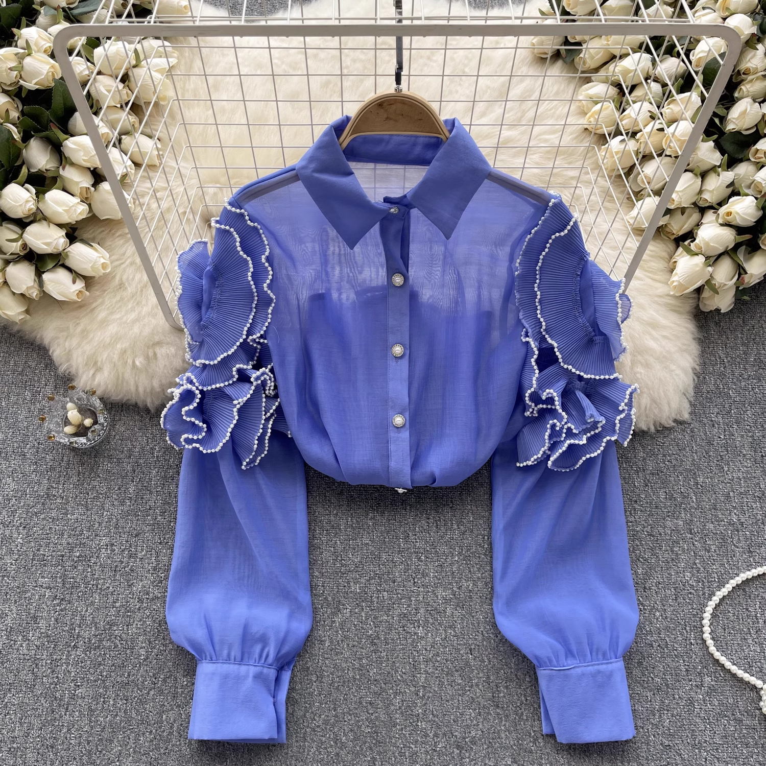 women's summer three-dimensional flower long sleeve mesh blouses