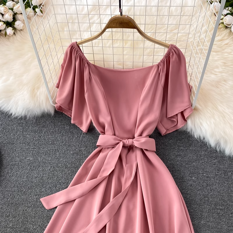 chic retro solid color ruffled mid-length square neck dress ,