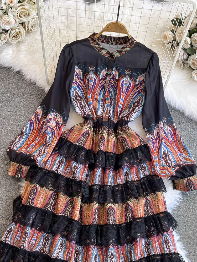 Spring and Autumn Retro Palace Style Long Sleeve Stand Collar A-Line Dress