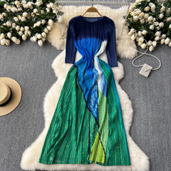 Fashionable color block pleated long dress