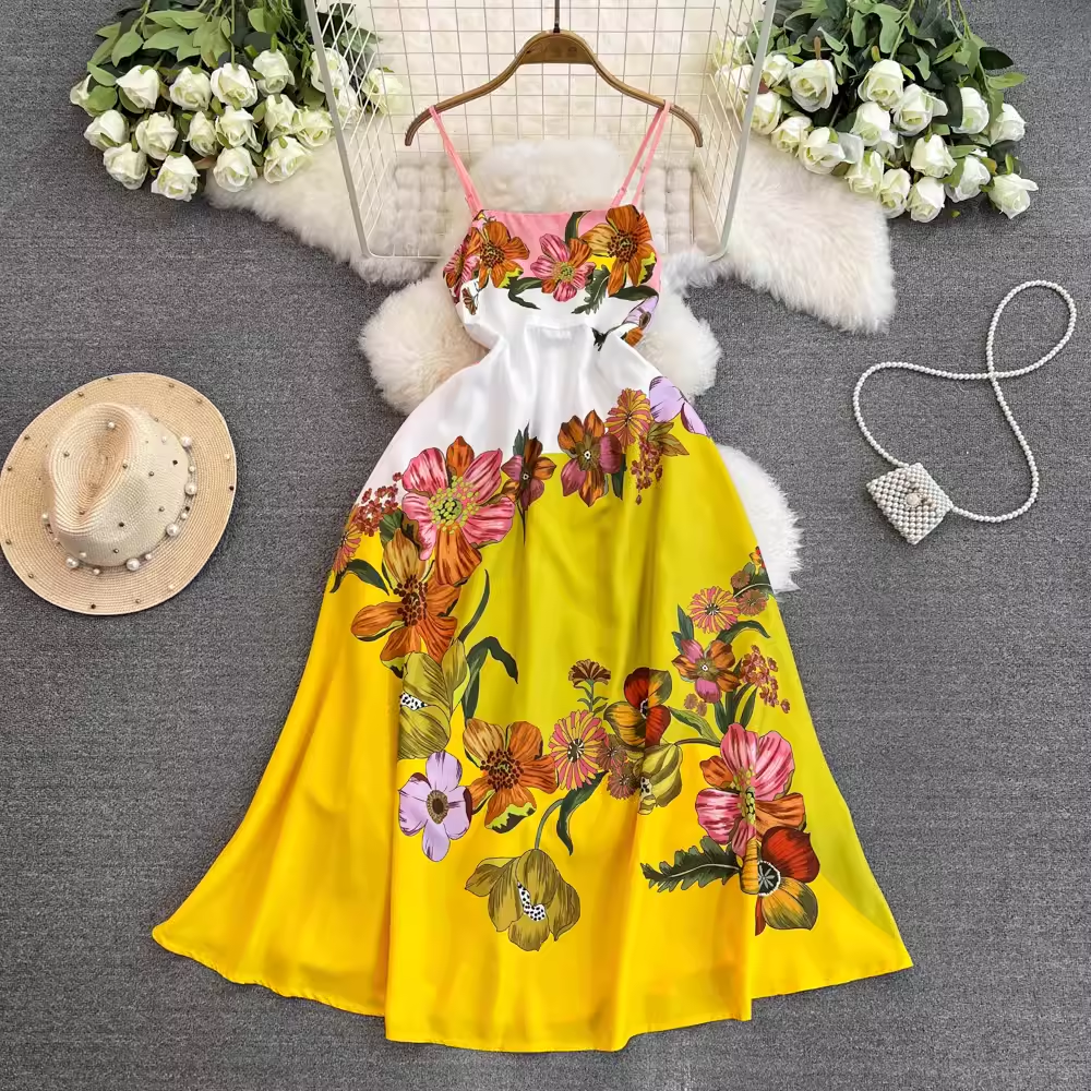 Women's retro floral suspender dress summer bohemian style