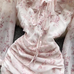 Pink Floral Fairy Dress Summer Chiffon V-neck Wrap Dress  ,