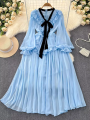 Vintage style long sleeve bow V-neck ruffled A-line chiffon dress