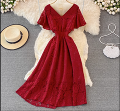 V-neck ruffle sleeve lace maxi dress,