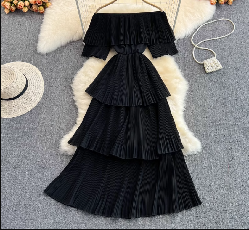 Off-the-shoulder strapless sweet ruffle maxi dress ,