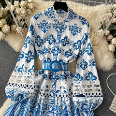 Stand collar printed dress women's retro court style lantern long-sleeved fairy dress