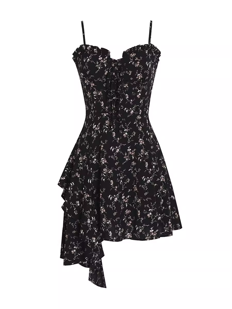 Irregular floral suspender dress