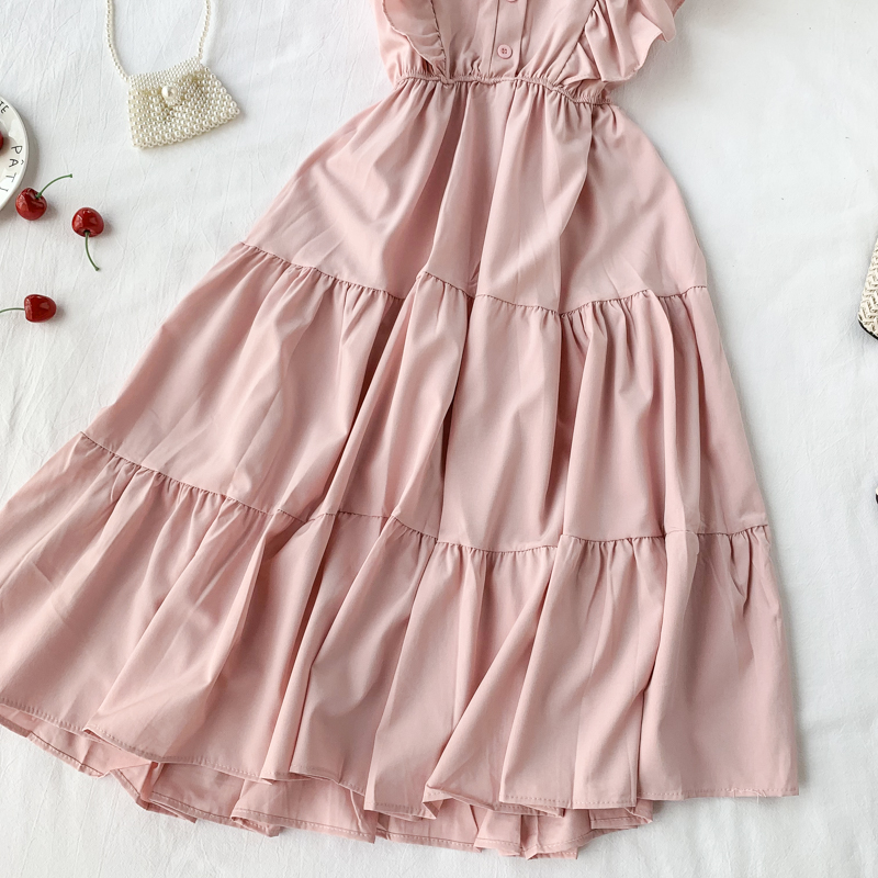 Vintage V-neck ruffled sleeveless Summer Dress,