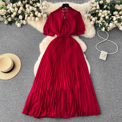 Turtleneck Puff Sleeve Pressed Pleated Dress,