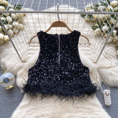 Round neck sleeveless sequined glitter vest for women furry patchwork short top