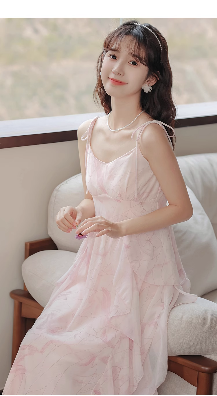 Pink ruffled chiffon suspender dress for women summer