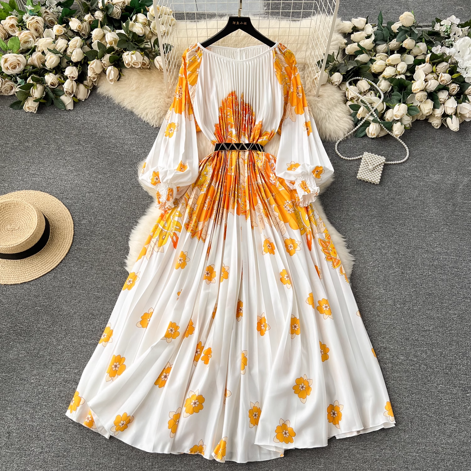 women's dress printed pleated holiday long dress