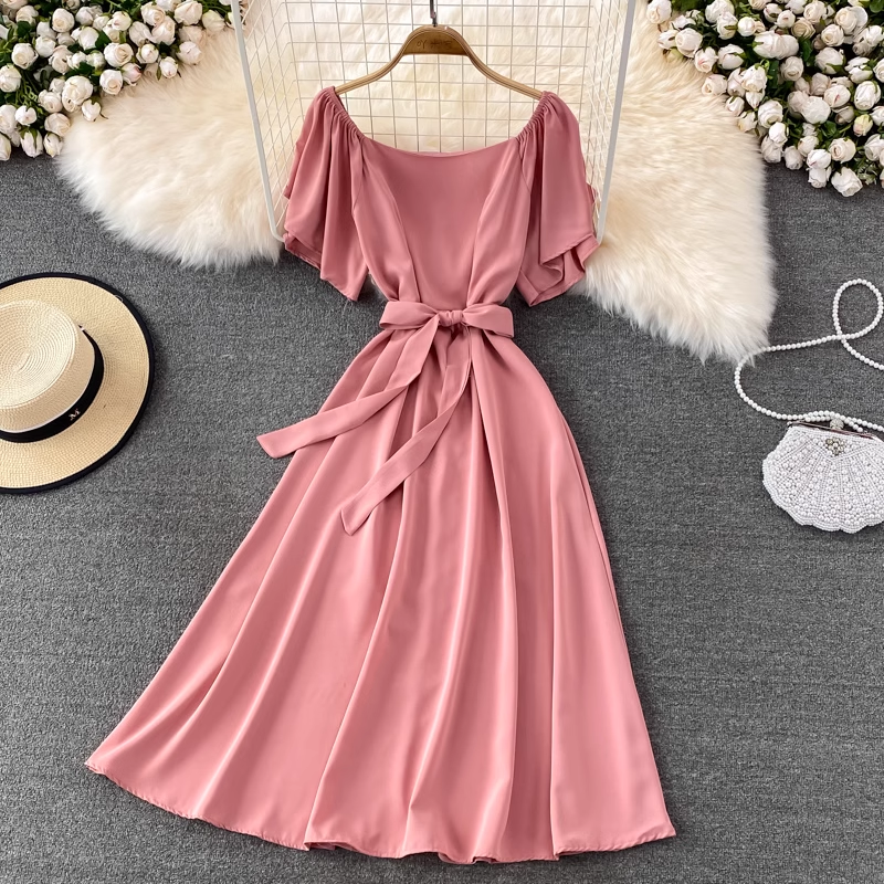 chic retro solid color ruffled mid-length square neck dress ,