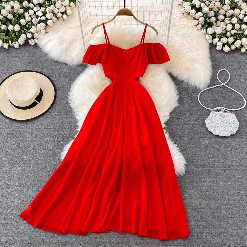 Red Chiffon Seaside Vacation Dress ,