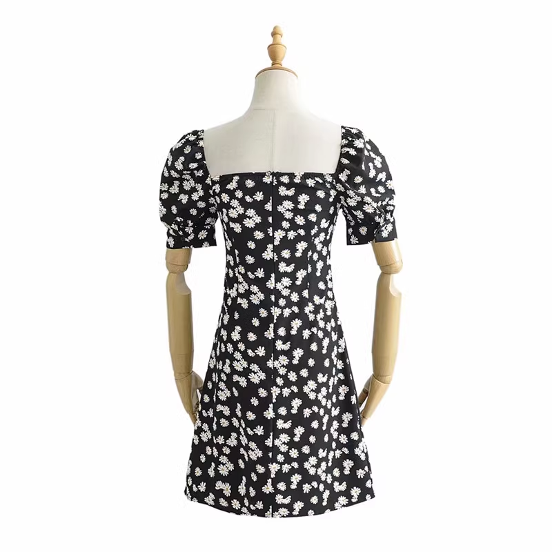 Retro pastoral floral daisy slim square neck dress