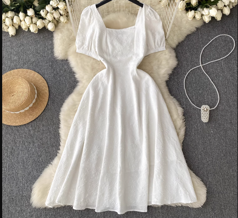 women's summer square collar puff sleeve dress,