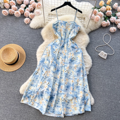 French retro oil painting sense print suspender dress women summer dress ,