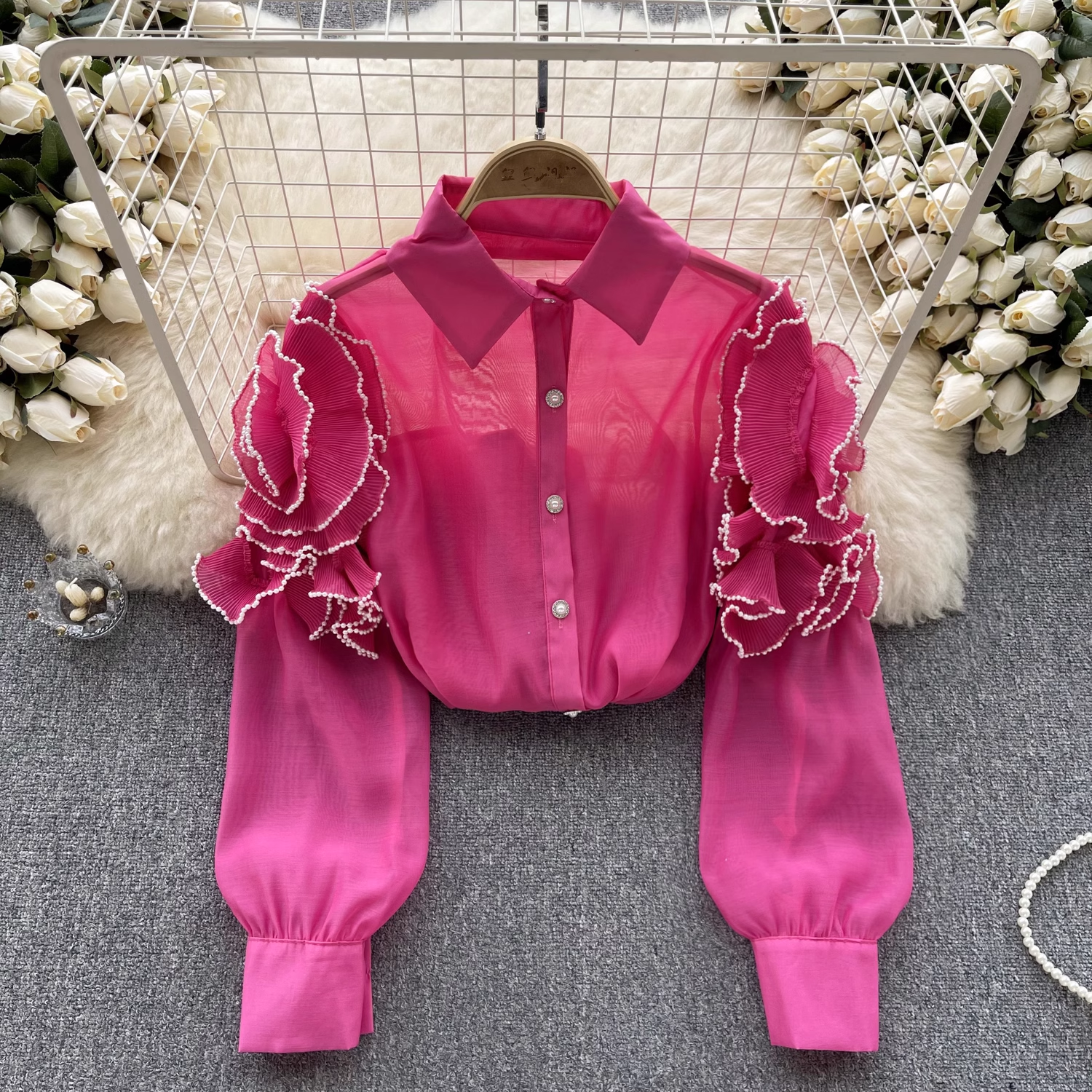 women's summer three-dimensional flower long sleeve mesh blouses