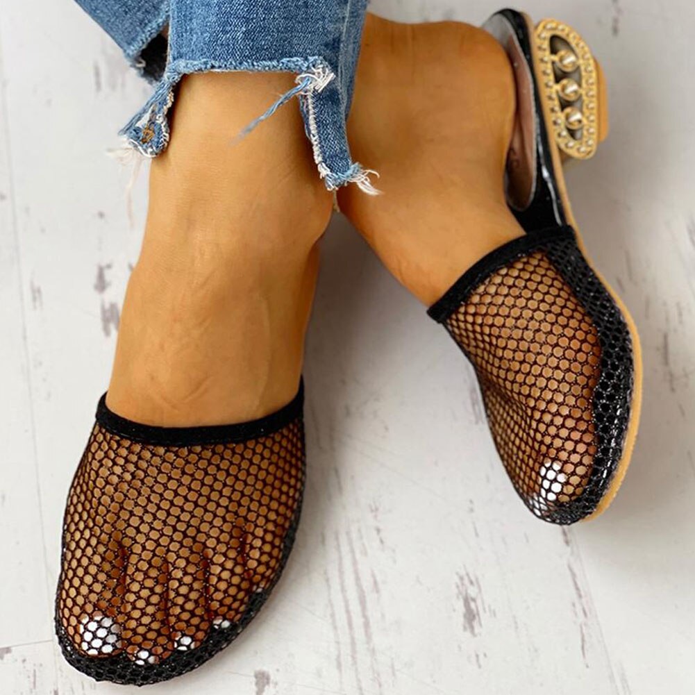 Hollow Mesh Fretwork Heels Slippers