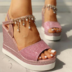 Bead Studded Platform Wedge Sandals