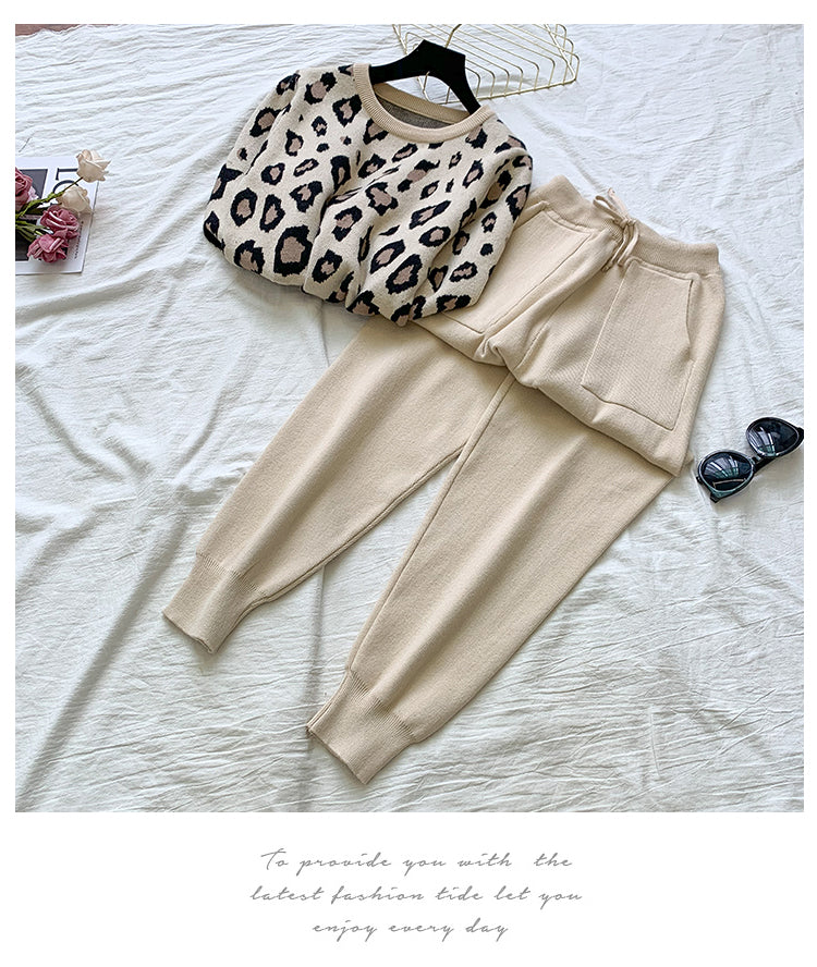 Knit Leopard Pullover Sweaters+Elastic Waist Pants Sets