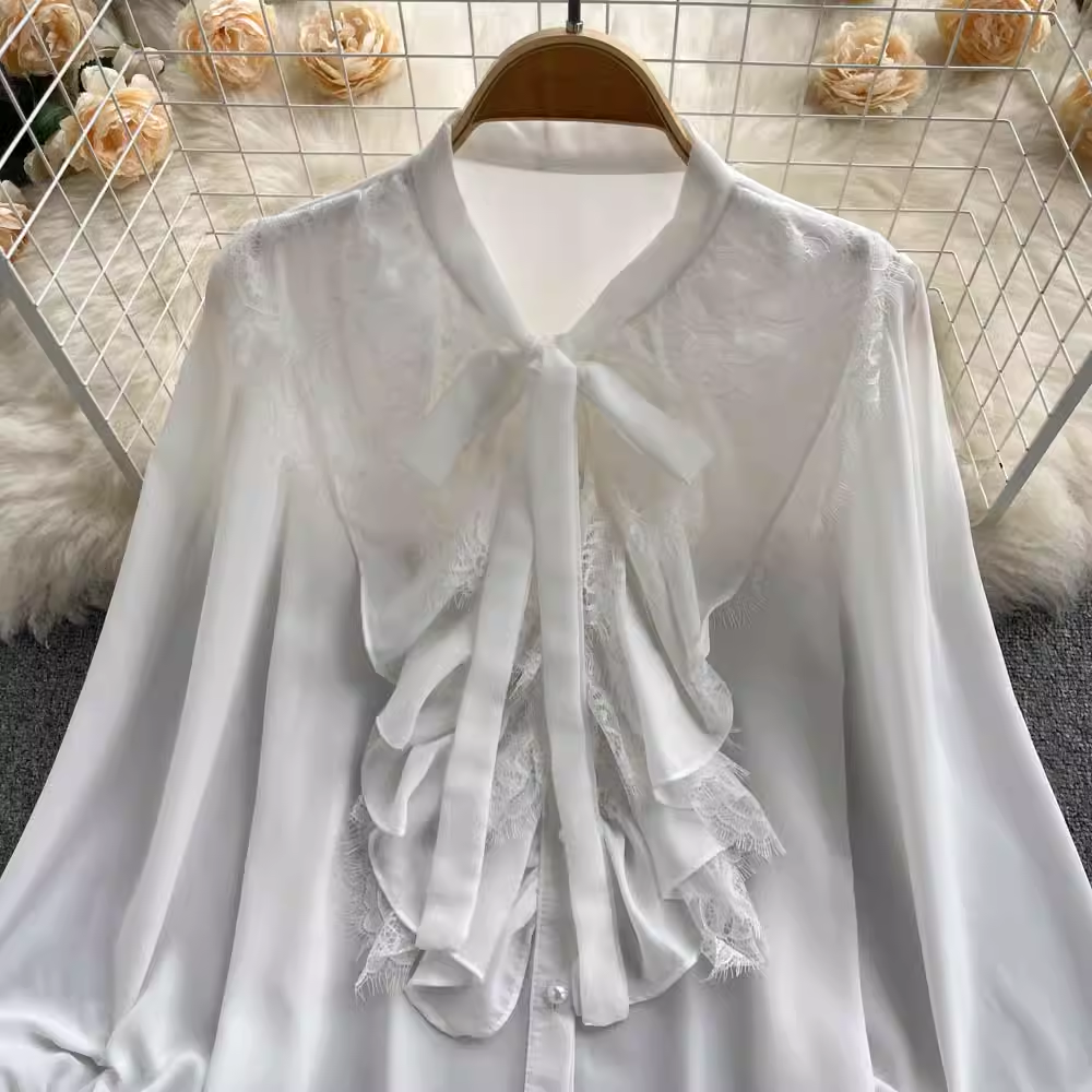 Ruffle Trim Blouses Panel Lace Chiffon Long Sleeves