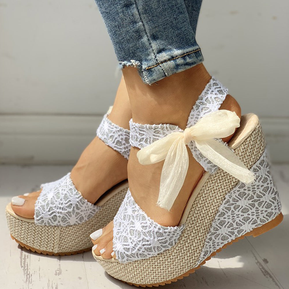 Lace Bow Wedges Sandals